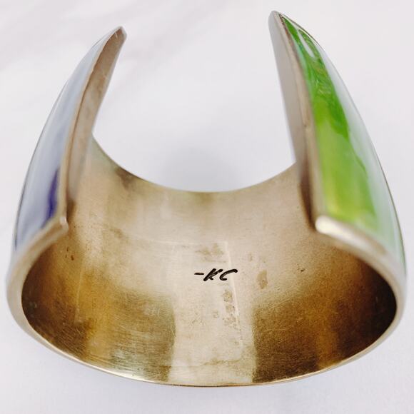 VTG Y2K Signed Kenneth Cole Brass Cuff Bracelet Enamel Color Block Wide Modern - Picture 7 of 16